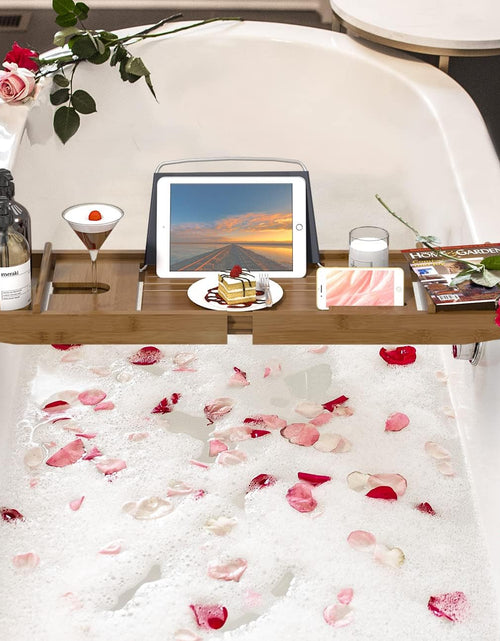 Load image into Gallery viewer, Bathtub Caddy Tray Expandable Bamboo Bath Tub Tray for Luxury Bath with Book Holder Free Soap Dish Brown
