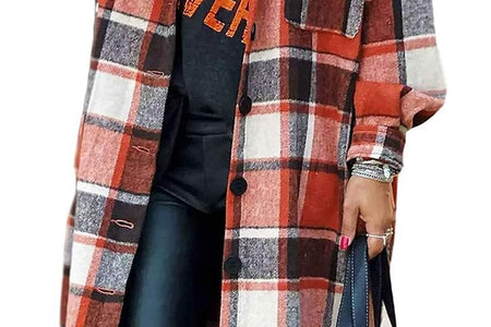 Women'S Lounge Lapel Button up Long Sleeve Plaid Long Shirt Jacket Shacket